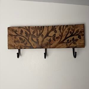 Hand Carved Wood Wall Hook Rack Tree Branch Rustic Cabin Entryway